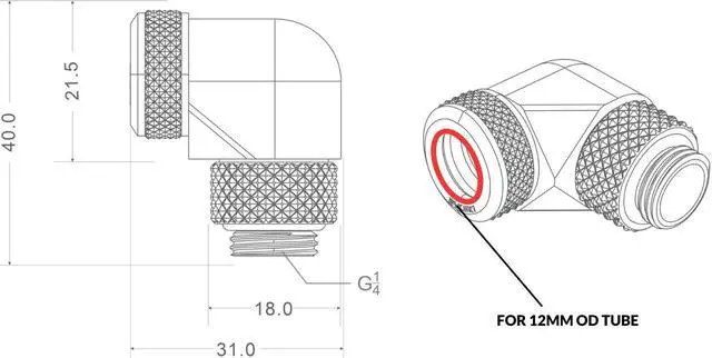 Alt view image 3 of 3 - Bykski G 1/4in. Rigid 90 Degree Rotary Fitting Adapter For 12mm OD PMMA/PETG/METAL Tubing (CC-L12RD90-X-BK)