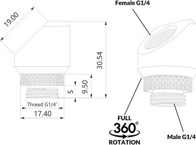 Alt view image 4 of 4 - Bykski G 1/4in. Male to Female 360 Degree Rotary Elbow Fitting - 45 Degree Angle (CC-RD45S-X-BK)
