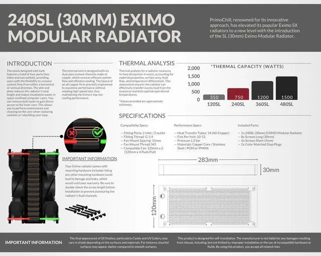 Alt view image 6 of 7 - PrimoChill 240SL (30mm) EXIMO Modular Radiator, Black POM, 2x120mm, Dual Fan (R-SL-BK24) Available in 20+ Colors, Assembled in USA and Custom Watercooling Loop Ready
