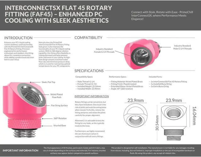 Alt view image 5 of 6 - PrimoChill InterConnectSX Flat 45 Degree Rotary Fitting (FAF45)  Enhanced PC Cooling with Sleek Aesthetics - Available in 20+ Colors, Custom Watercooling Loop Ready