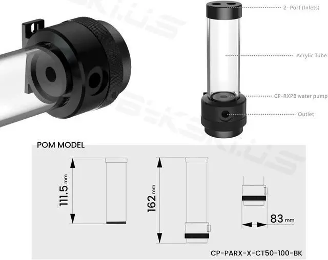 Alt view image 3 of 4 - Bykski Silent PARX Pump (330L/H) / 100mm PMMA Reservoir Combo, Armored / POM - Black - (CP-PARX-X-CT50-100-BK)