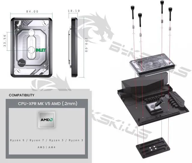 Alt view image 3 of 3 - Bykski CPU-XPR-MK-M-V5 High-Efficiency CPU Water Cooling Block - Featuring High Flow Optimized 0.2mm Fins -  Full PMMA Mounting w/ 5v Addressable RGB - for AMD Ryzen 3/5/7/9 (AM4/AM5)