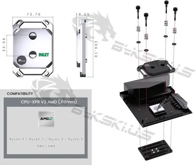 Alt view image 3 of 3 - Bykski CPU-XPR-M-V3 High-Performance CPU Water Cooling Block - Featuring Aggressive 0.08mm Fins - Sturdy Mounting Construction with Elite Cooling - for AMD Ryzen 3/5/7/9 (AM4/AM5)