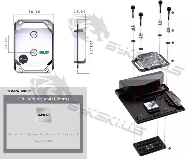 Alt view image 3 of 3 - Bykski CPU-XPR-C-M High-Efficiency CPU Water Cooling Block - Featuring High Flow Optimized 0.2mm Fins - Clean Design - for AMD Ryzen 3/5/7/9 (AM4/AM5)