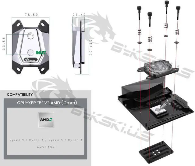 Alt view image 2 of 3 - Bykski CPU-XPR-B-M-V2 High-Efficiency CPU Water Cooling Block - Featuring High Flow Optimized 0.2mm Fins - Geometric Design - for AMD Ryzen 3/5/7/9 (AM4/AM5)