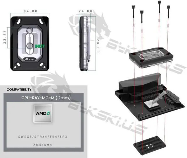 Alt view image 4 of 4 - Bykski CPU-RAY-MC-M High-Efficiency CPU Water Cooling Block - Featuring High Flow Optimized 0.2mm Fins - Clean Design - for AMD AM5/AM4 - SWRX8 - STRX4 - TR4 - SP3