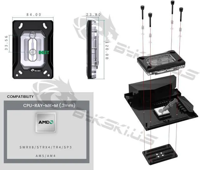 Alt view image 4 of 4 - Bykski CPU-RAY-MK-M High-Efficiency CPU Water Cooling Block - Featuring High Flow Optimized 0.2mm Fins - Clean Design - for AMD AM5/AM4 - SWRX8 - STRX4 - TR4 - SP3