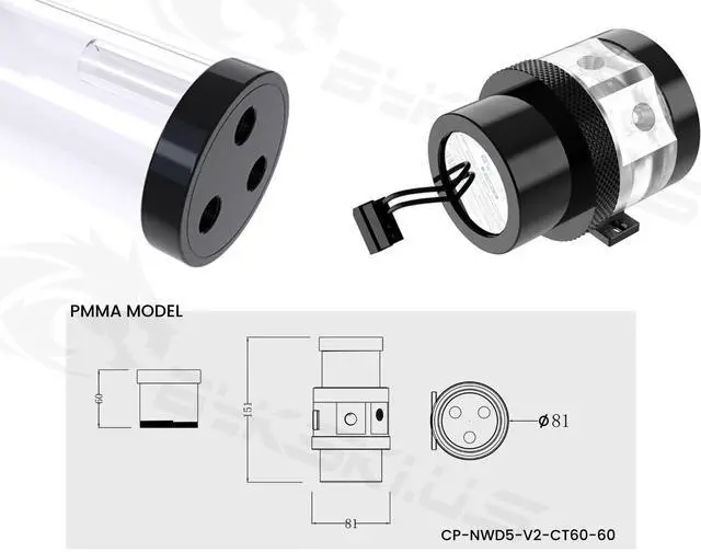 Alt view image 4 of 7 - Bykski Complete CP-D5PM-V2 Pump / PMMA Reservoir Combo, Armored Black - with Integrated 5V Addressable RGB (CP-NWD5-V2-CT60-60)