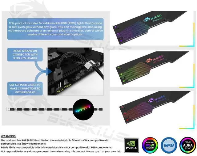Alt view image 5 of 5 - Bykski Universal Aluminum Decorative GPU Support Bracket w/ 5v Addressable RGB (RBW) - Black (B-GPU-AL-X)