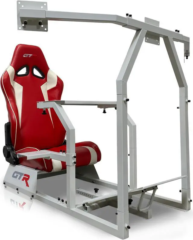 Main image of GTR Simulator GTA-F Model (Silver) Triple or Single Monitor Stand with Red/White Adjustable Leatherette Seat, Racing Gaming Driving Simulator Cockpit Chair Triple Monitor Stand