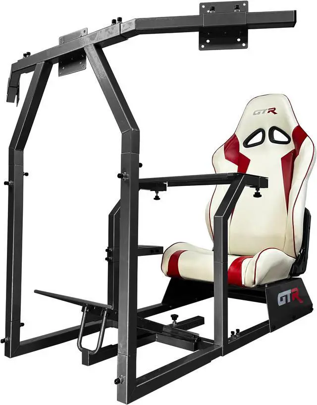 Main image of GTR Simulator GTA-F Model (Black) Triple or Single Monitor Stand with White/Red Adjustable Leatherette Seat, Racing Gaming Driving Simulator Cockpit chair Triple Monitor Stand