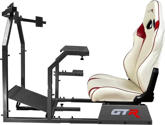 Alt view image 2 of 9 - GTR Simulator GTA-F Model (Black) Triple or Single Monitor Stand with White/Red Adjustable Leatherette Seat, Racing Gaming Driving Simulator Cockpit chair Triple Monitor Stand