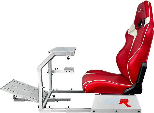 Alt view image 2 of 8 - GTR Simulator GTA Model Silver Frame with Red/White Real Racing Seat, Racing Driving Gaming Simulator Cockpit Gaming Chair with Gear Shifter Mount