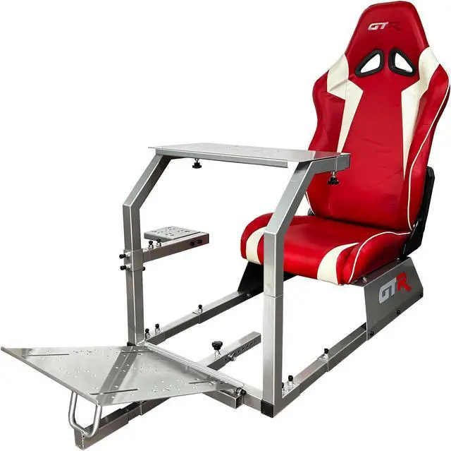 Main image of GTR Simulator GTA Model Silver Frame with Red/White Real Racing Seat, Racing Driving Gaming Simulator Cockpit Gaming Chair with Gear Shifter Mount