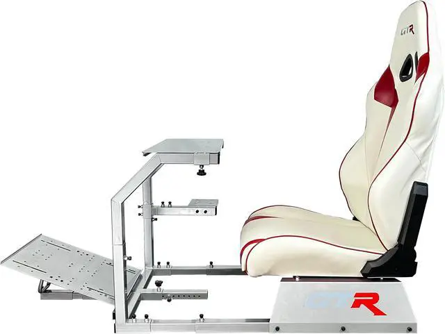 Alt view image 2 of 10 - GTR Simulator GTA Model Silver Frame with White/Red Real Racing Seat, Racing Gaming Driving Simulator Cockpit Chair with Gear Shifter Mount