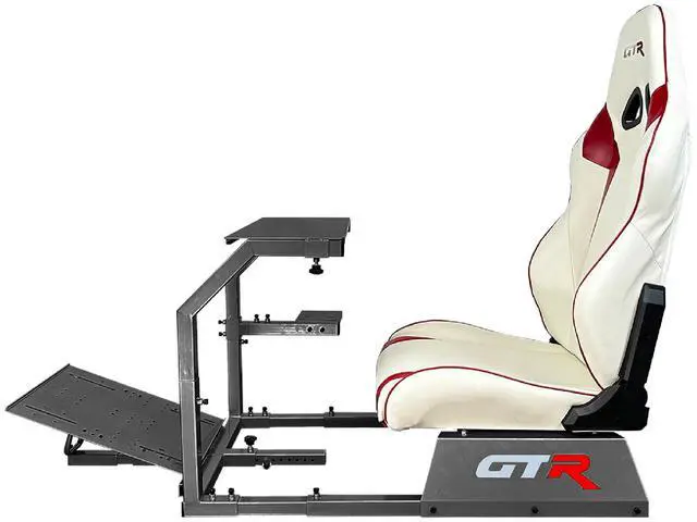 Alt view image 2 of 7 - GTR Simulator GTA Model Black Frame with White/Red Real Racing Seat, Racing Gaming Driving Simulator Cockpit Gaming Chair with Gear Shifter Mount