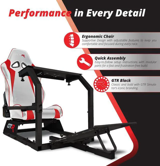 Alt view image 3 of 7 - GTR Simulator GTA Model Black Frame with White/Red Real Racing Seat, Racing Gaming Driving Simulator Cockpit Gaming Chair with Gear Shifter Mount
