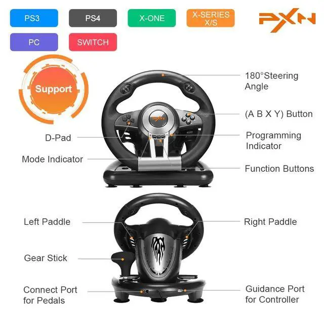 Alt view image 3 of 6 - PXN PC Racing Wheel, V3II 180 Degree Universal Usb Car Sim Race Steering Wheel with Pedals for PS3, PS4, Xbox One, Xbox Series X/S, Switch (Black)