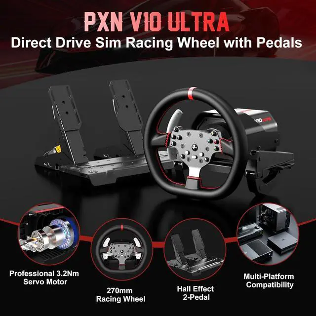Alt view image 2 of 6 - PXN Direct Drive Racing Wheel, V10 Ultra Gaming Steering Wheel - 3.2Nm Force Feedback Steering Wheel for PC/Xbox/ PS4, 270mm Leather Wheel with 4 Paddle Shifters, Adjustable Pedals.