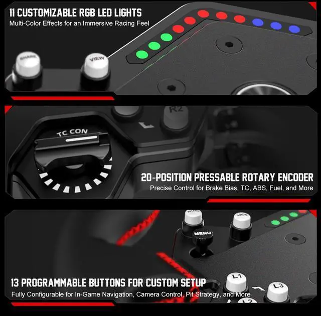 Alt view image 3 of 7 - PXN W DS R2 Gaming Racing Wheel Quick Release, 4 Paddle Shifters, Dynamic RGB Rev Lights, Microfiber Leather Grip, 11.8-Inch PC Steering Wheel, Compatible with VD4 / VD6 / VD10 Direct Drive Bases.