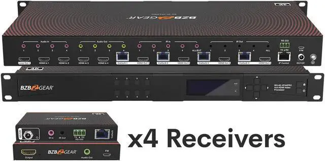 Main image of BZBGEAR 4x4 4K UHD Seamless HDMI Matrix Switcher/Video Wall Processor/MultiViewer Over Cat5e/6/7 Kit with 4 Receivers