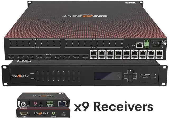 Main image of BZBGEAR 9x9 4K UHD Seamless HDMI Matrix Switcher/Video Wall Processor/MultiViewer Over Cat5e/6/7 Kit with 9 Receivers