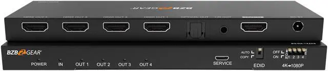 Main image of BZBGEAR 1x4 4K UHD HDMI Splitter with Downscaler with Digital and Analog Audio Output