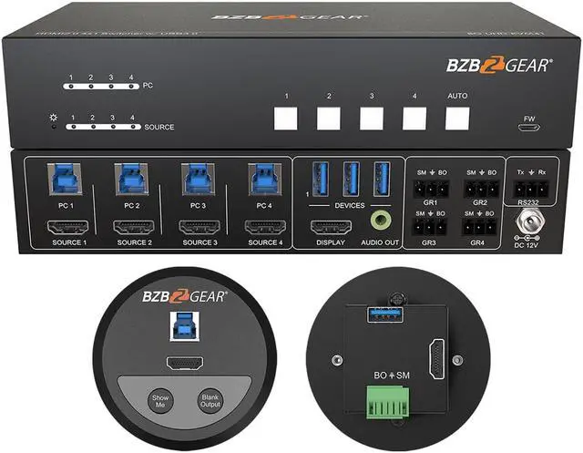 Main image of BZBGEAR 4-Port 4K UHD KVM and Conference Room Switcher with HDMI and USB3.0 Kit with 4 Table Grommets
