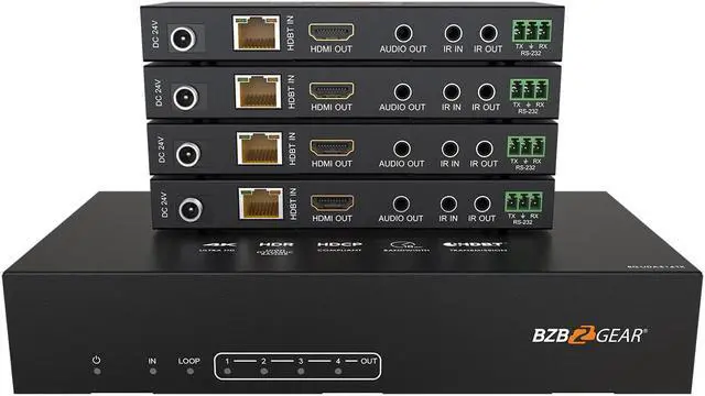 Main image of BZBGEAR 1x4 4K UHD HDMI HDBaset Splitter/Distribution Amplifier Kit with 4 Receivers and IR/RS-232/Audio De-embedding up to 390ft Over Category Cable