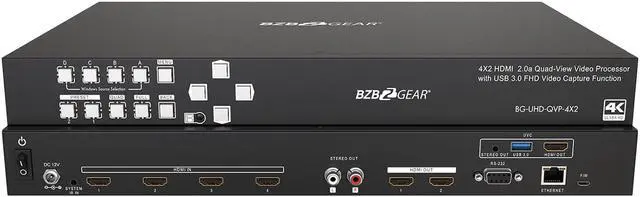 Main image of BZBGEAR 4x2 4K UHD Seamless Switcher/Scaler/MultiViewer with Audio De-embedder and Built-in USB Capture Card