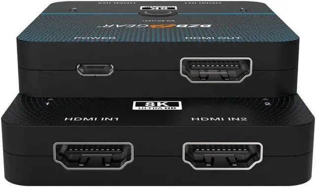 Main image of BZBGEAR 2x1 8K UHD Ultra Slim HDMI 2.1 Switcher (8K60/4K120Hz 4:4:4 and VRR/FVA/ALLM Support)