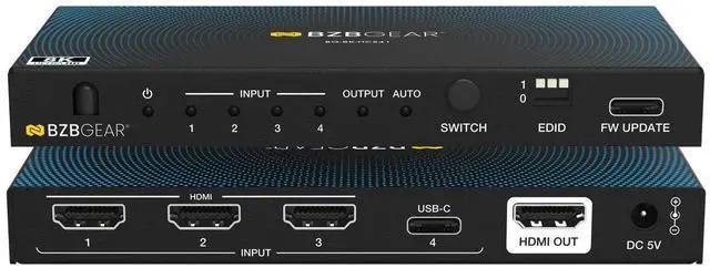 Main image of BZBGEAR 4x1 8K UHD HDMI/USB-C 2.1 Switcher (8K60/4K120Hz 4:4:4 VRR/ALLM/QMS/QFT/SBTM Support)