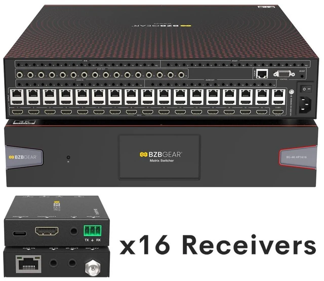 Main image of BZBGEAR 16x16 4K UHD Seamless HDMI Matrix Switcher/Video Wall Processor/MultiViewer over Cat5e/6/7 Kit with 16 Receivers