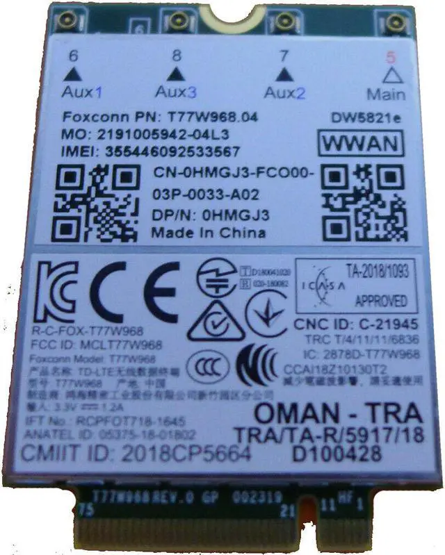 Main image of Dell Latitude 5420 Rugged DW5821e Snapdragon X20 4G Wireless Networking Card 1Gbps M.2 NGFF HMGJ3 0HMGJ3 CN-HMGJ3 T77W968 A02 DW5821e