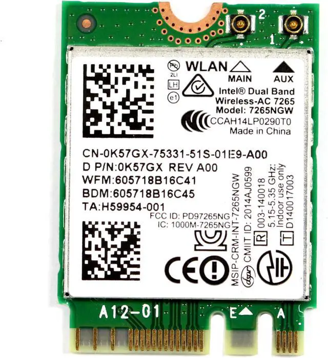 Alt view image 2 of 3 - Intel Wireless-AC 7265 Dual Band WLAN WiFi 802.11 ac/a/b/g/n + Bluetooth 4.0 M.2 Card 7265NGW K57GX 0K57GX 793840-001