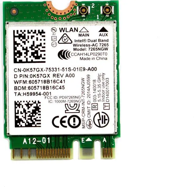Main image of Lot of 2 Intel Dual Band Wireless AC 7265 WLAN WiFi Bluetooth Card 7265NGW K57GX CN-0K57GX 793840-001