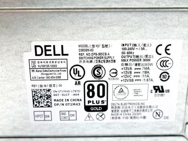 Alt view image 5 of 5 - Dell Optiplex XE2 T1700 T20 365W Power Supply D365EM-00 T1M43 0T1M43 7VK45