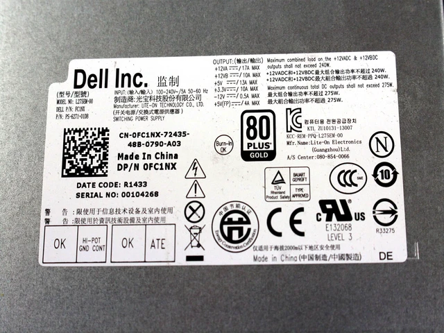 Alt view image 4 of 4 - Dell Optiplex 3010 7010 9010 275W Desktop Power Supply 61J2N FC1NX CPFN1 L275EM-00