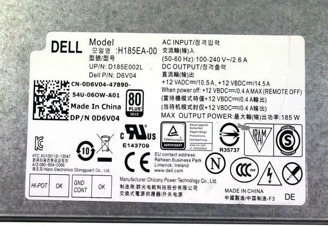 Alt view image 7 of 7 - Dell Inspiron 23 5348 OptiPlex 9030 Power Supply 185W H185EA-00 D6V04 0D6V04 N28RM