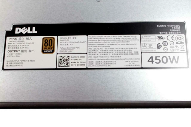 Alt view image 4 of 5 - Dell PowerEdge R430 450Watts Switching Power Supply 80+ Bronze D450E-S0 P34M3 0P34M3