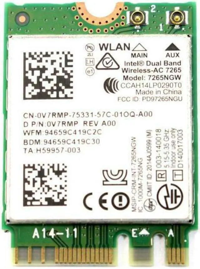 Main image of Genuine Dell 7265NGW Intel Dual Band Wireless-AC 7265 Bluetooth 4.0 PCI-E Wlan WiFi Wireless Card V7RMP 0V7RMP