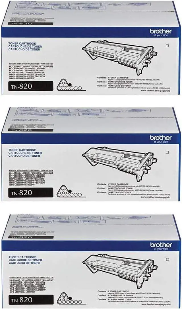 Main image of Brother Genuine Black Toner Cartridge 3-Pack, TN820, Replacement Black Toner, Page Yield Up to 3,000 Pages Each