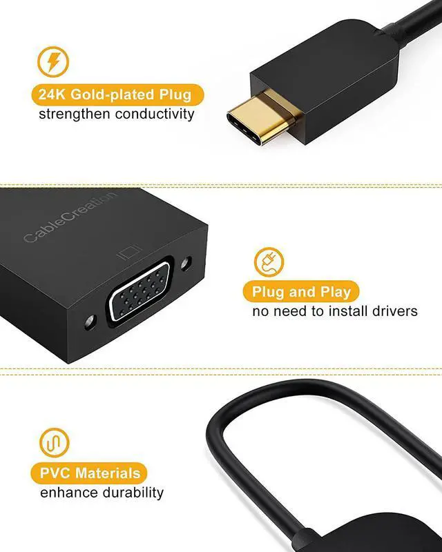 Alt view image 2 of 7 - USB C to VGA Adapter 1080P@60Hz, CableCreation Type C(Thunderbolt 3) to VGA Converter Compatible with MacBook Pro 2020/2018, Mac Mini, Surface Book 2, Dell XPS 13/15, iPad Pro 2020, Galaxy S20/S10