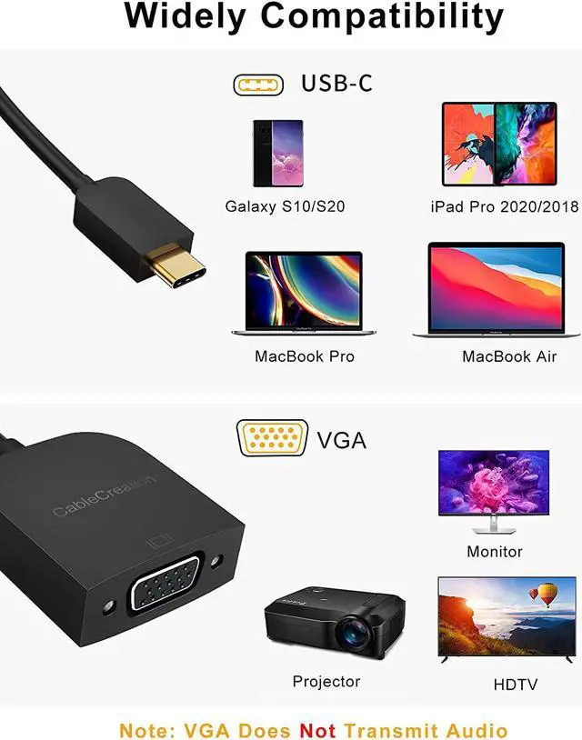 Alt view image 5 of 7 - USB C to VGA Adapter 1080P@60Hz, CableCreation Type C(Thunderbolt 3) to VGA Converter Compatible with MacBook Pro 2020/2018, Mac Mini, Surface Book 2, Dell XPS 13/15, iPad Pro 2020, Galaxy S20/S10