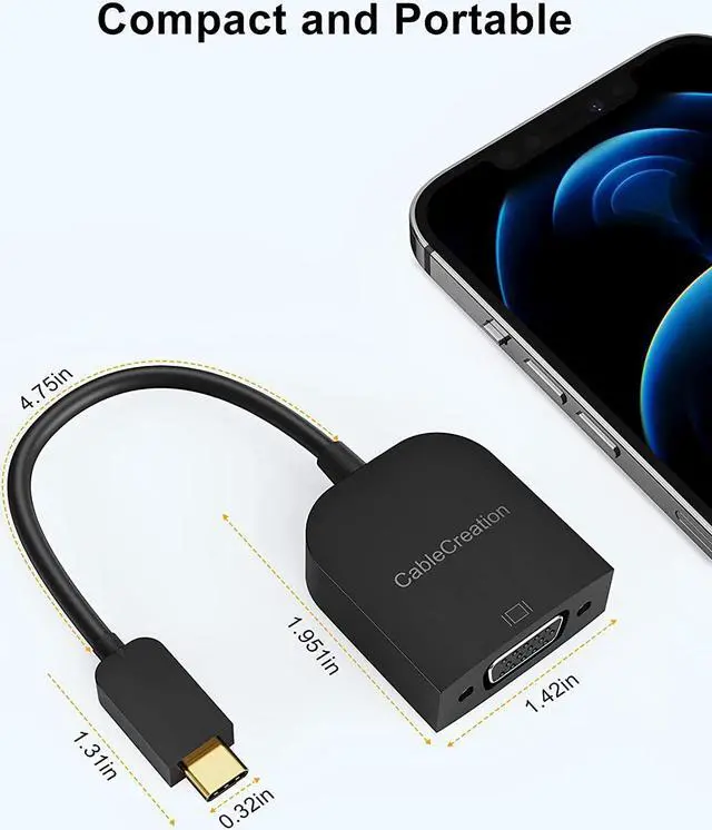 Alt view image 7 of 7 - USB C to VGA Adapter 1080P@60Hz, CableCreation Type C(Thunderbolt 3) to VGA Converter Compatible with MacBook Pro 2020/2018, Mac Mini, Surface Book 2, Dell XPS 13/15, iPad Pro 2020, Galaxy S20/S10