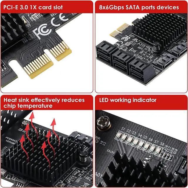 Alt view image 2 of 7 - PCIe 8-Port SATA Card with 8 Cables and Low Profile Bracket, 6Gbps SATA 3.0 PCIe Card