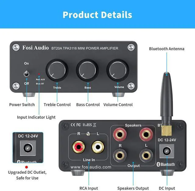 Alt view image 2 of 7 - Fosi Audio BT20A Bluetooth 5.0 Stereo Audio 2 Channel Amplifier Receiver Mini Hi-Fi Class D Integrated Amp 2.0 CH for Home Speakers 100W x 2 with Bass and Treble Control TPA3116 (with Power Supply)