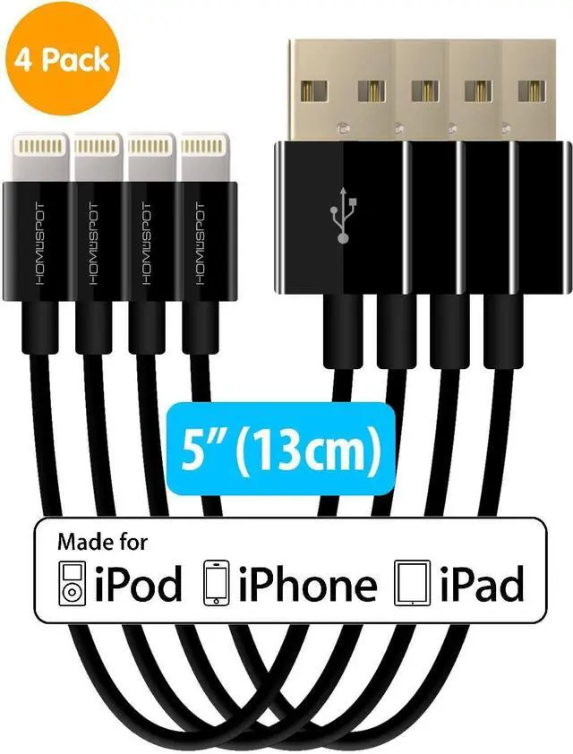Main image of MFi HomeSpot iPhone 7 6 6S Charger, 5 Inches Short Apple Certified 8 Pin Lightning to USB Cable Cord for iPhone 6S 6 Plus 5S 5C 5, iPhone SE, iPad 4 Air 2 Mini 4 3 iPad Pro (4 Pack - Black)