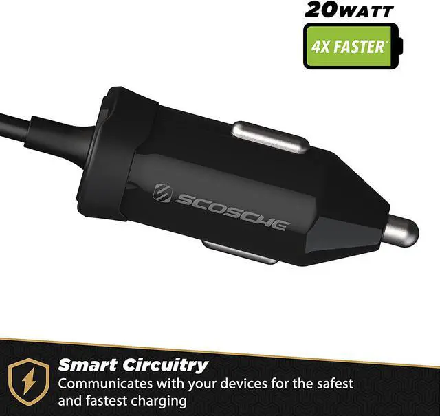 Alt view image 3 of 4 - Scosche CPDC203 PowerVolt 20-Watt USB Type-C Power Delivery 3.0 Fast Car Charger with Attached 3-Foot Adjustable Coiled Cable for All USB-C Devices