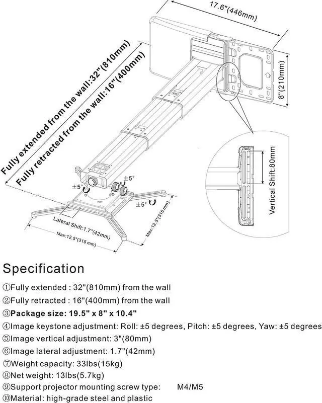 Alt view image 3 of 7 - Viewtech Universal Ultra Short Throw Projector Wall Mount Fully Adjustable: 16"-32"